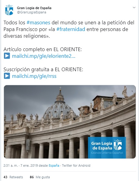 El Gran Oriente de España felicita a Francisco. (Captura de pantalla)