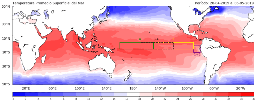 1. Aumento de temperatura en el Océano Pacífico provocado por el fenómeno de El Niño. (CONAGUA-SMN)