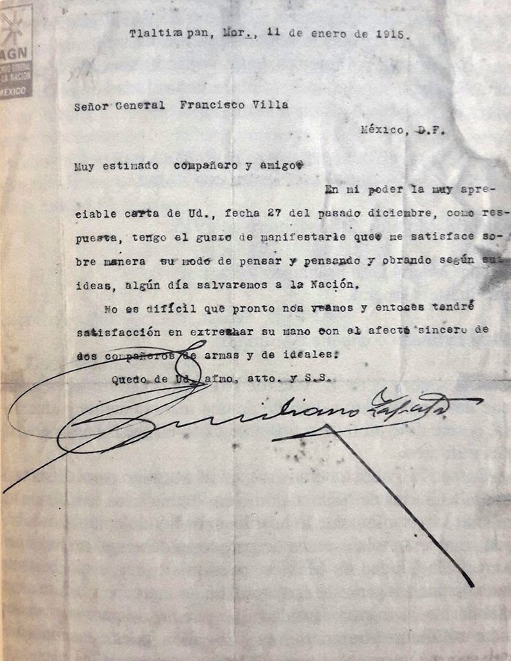 Carta de Emiliano Zapata a Pancho Pilla. (Agrónomos 1854)